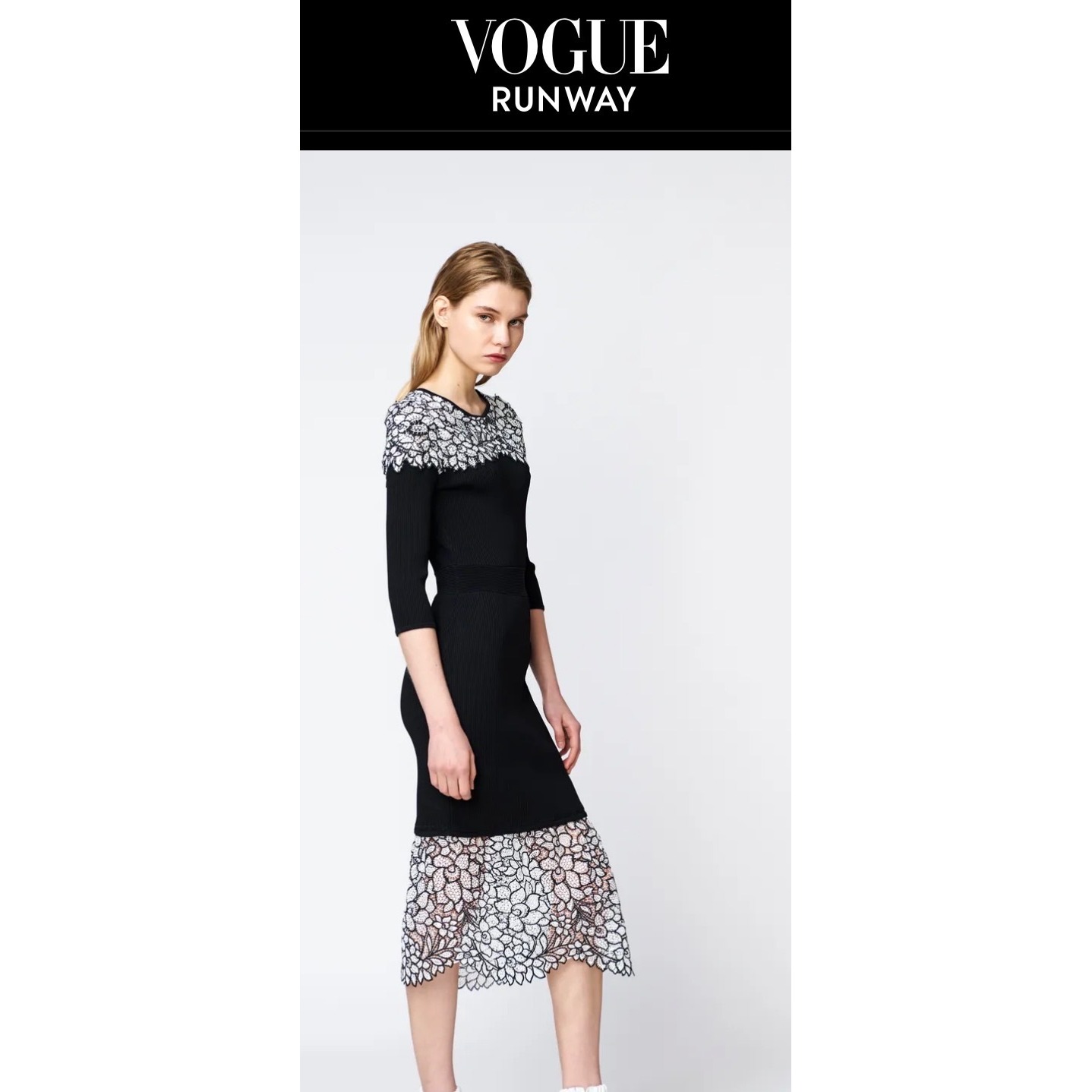 Featured In Vogue Yigal Azrouel Black Ribbed Knit Floral Lace Midi Dress Small